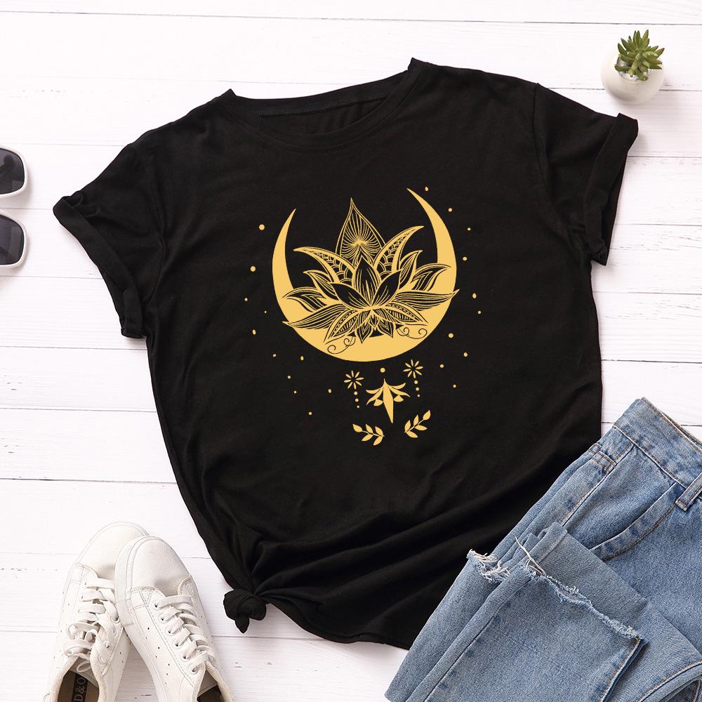 Creative Starry Sky Lotus Pattern Cotton Loose Round Neck Short Sleeved Women's T-shirts