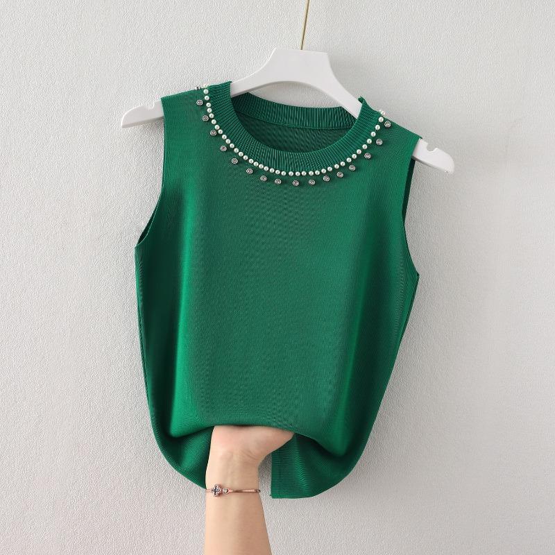 Women Summer New Round Neck Beading Tank Tops Elegant Slim Fit Knitted Casual Base Female Sleeveless Tanks Vest Simple Sweet Fashion Lady Camis 3115
