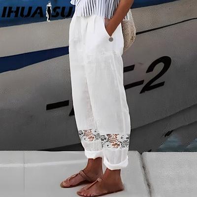 Women's Spring Summer Cotton/linen Lace Patchwork Button Elastic Waist Casual Pants for Women