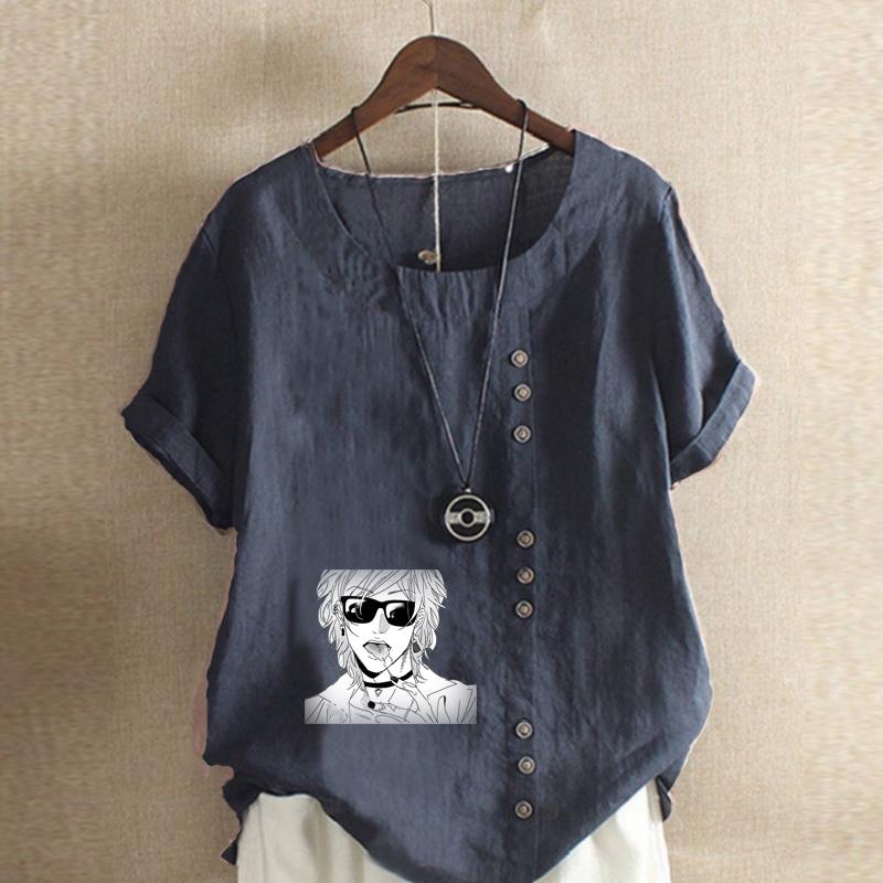 Women's Fashion Round Neck Short Sleeve T-shirt Casual Cotton Linen Graphic Shirt Leisure Loose Cool Boy Prined Summer Blouse Tops