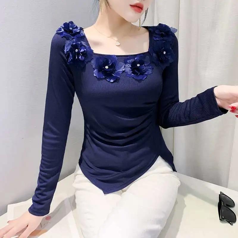 

Women s Navy Blue Long Sleeve Top Square Neck 3D Flower Decor Slim Fit Ruched Blouse S синій