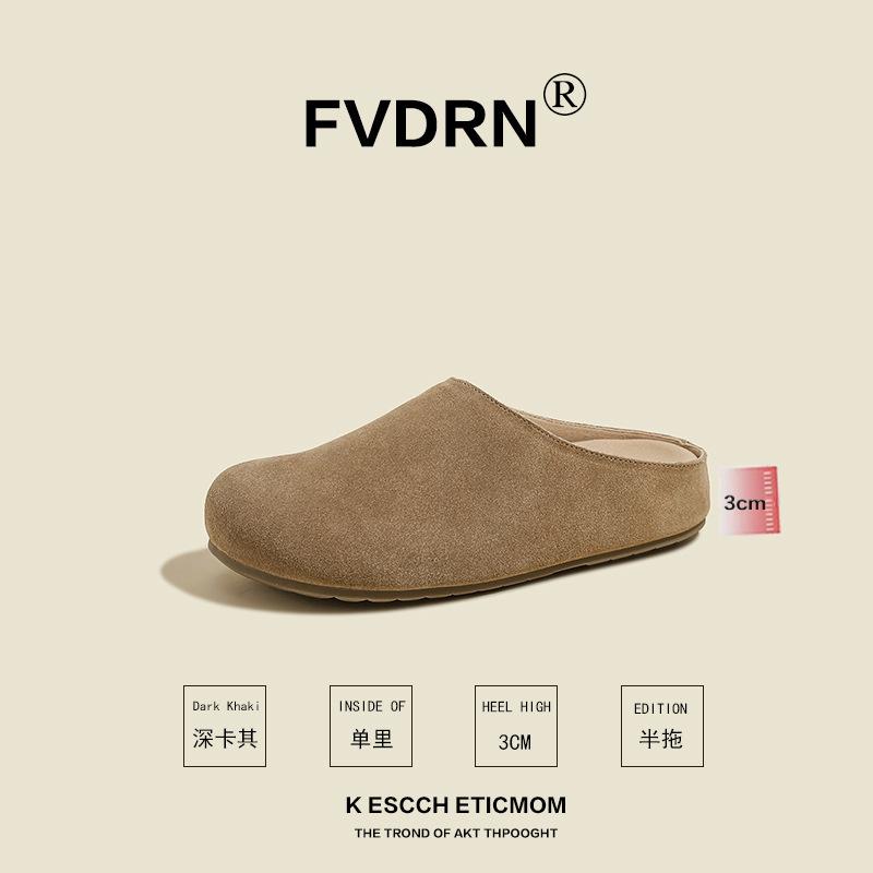 

Casual thick-soled one-pedal slippers women s spring and autumn new outer wear anti-velvet cowhide retro style half slippers 35 темного кольору хакі