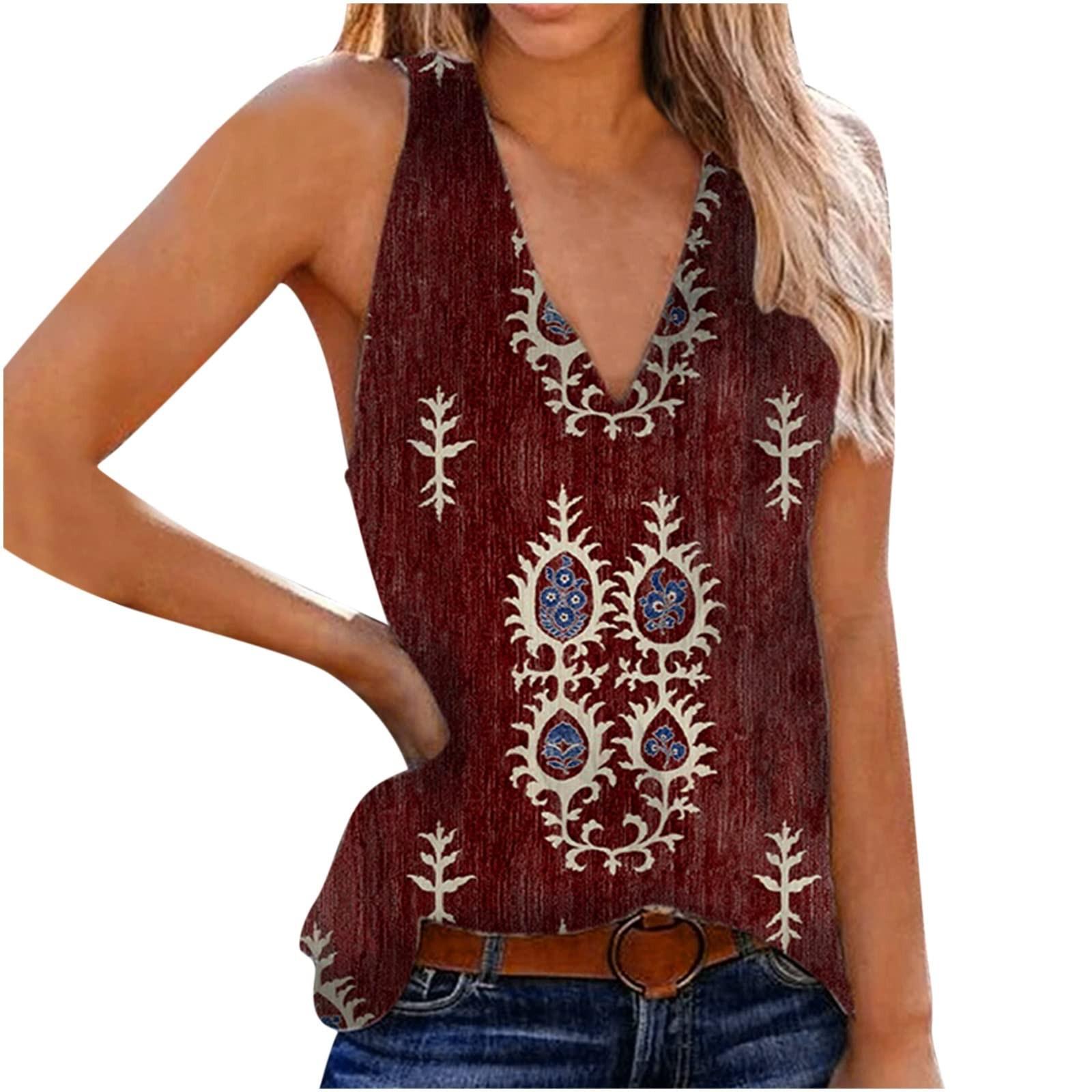 

Ladies Sleeveless V Neck Print Tank T-Shirt Summer Tops Blouses For Women M