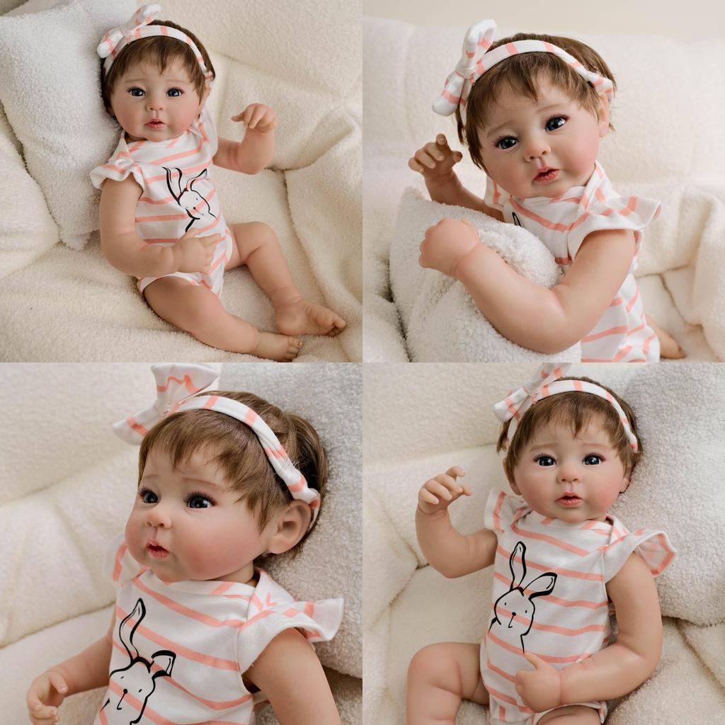 19-calowa silikonowa lalka reborn z opaską w paski i ubrankami z nadrukiem królika, dekoracja dla kolekcjonerów i osób wręczających prezenty