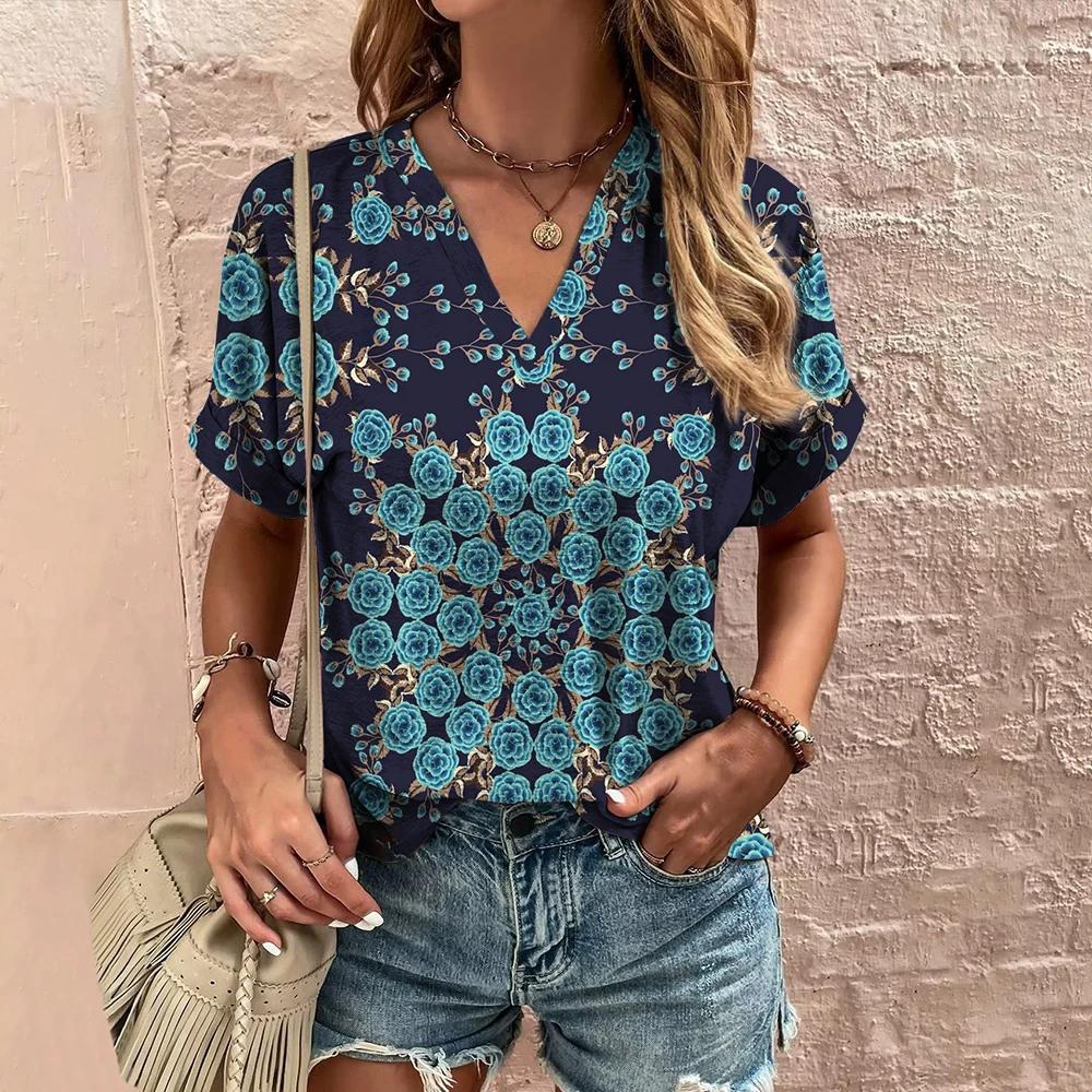 

Этнический принт летняя женская футболка с коротким рукавом модная футболка с V-образным вырезом повседневная уличная футболка Harajuku для женщин уличная одежда 5XL