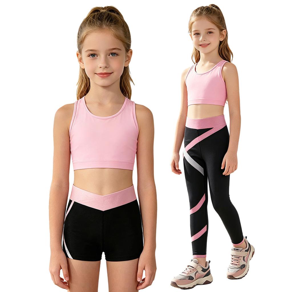 Girls U Neck Cropped Vest Cross Back Keyhole Contrast Color Pants Shorts 3Pcs Sports Set