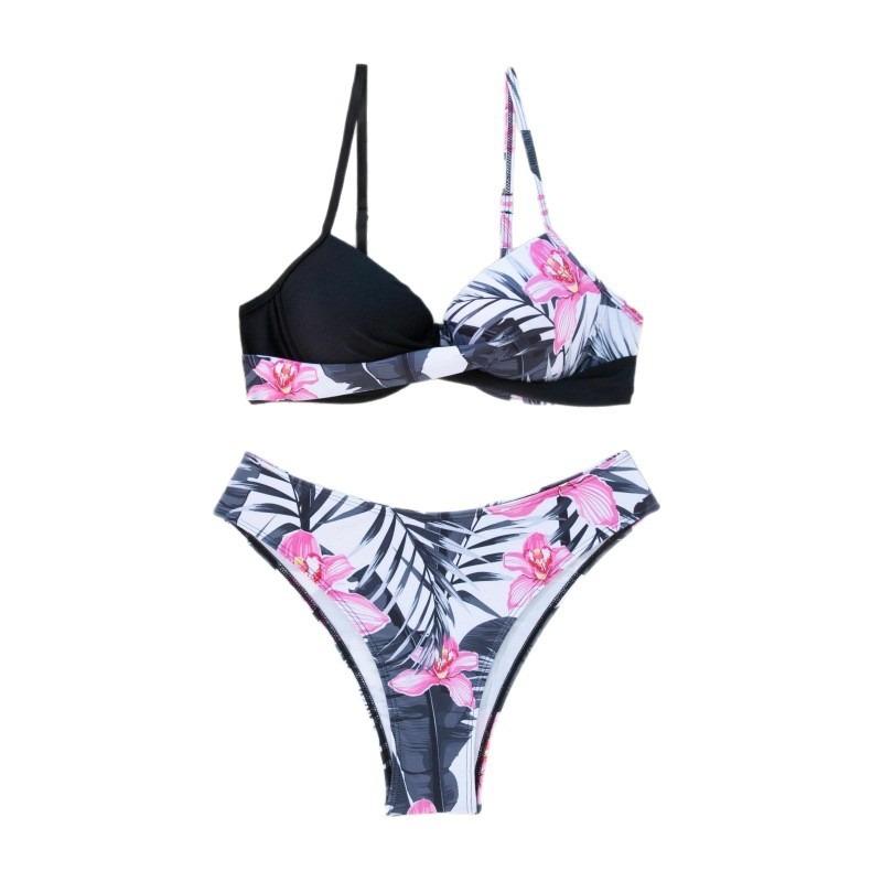 Split Swimsuit Contrasting Color Cross Hard Cup Bag Sling Bikini, Cross Split Hip Bag Swimsuit with Steel Tray