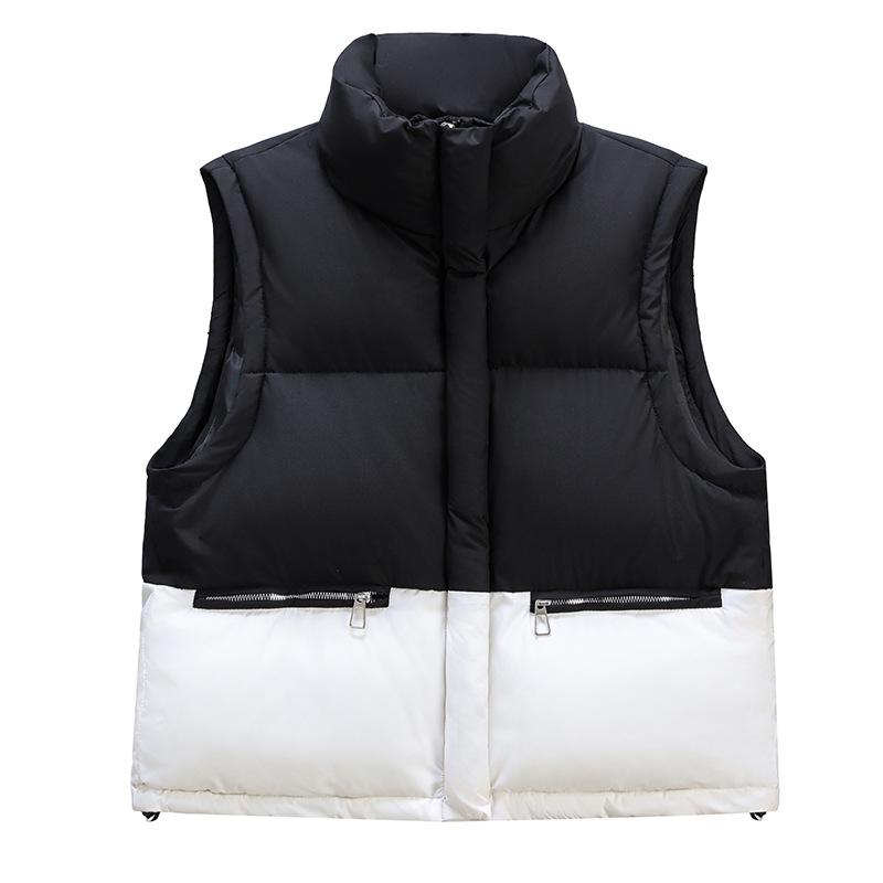 Splicing contrasting color down cotton vest women's new short stand-up collar vest warm versatile jacket