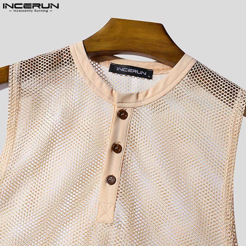INCERUN Men Sleeveless See Through Hollow Out Loose Tank Tops
