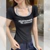 American Retro Black Printed Fake Two-piece Short-sleeved T-shirt Women's Summer New Slim-fitting and Thin Shoulder Top