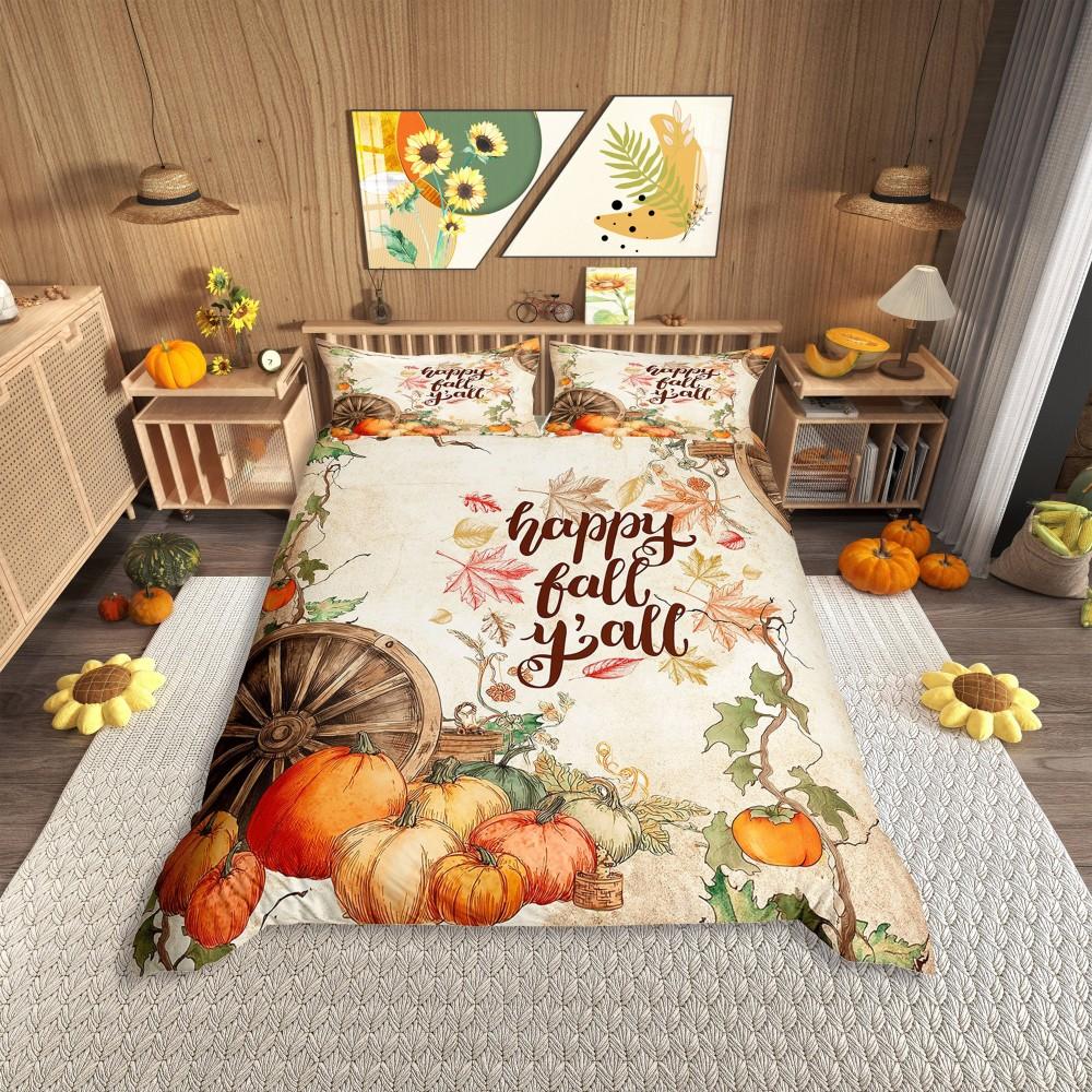 Homewish Vintage Orange Pumpkin Duvet Cover Set for Kids,Kawaii Girl Gnome Bedding Set,Rustic Farmhouse Bed Set