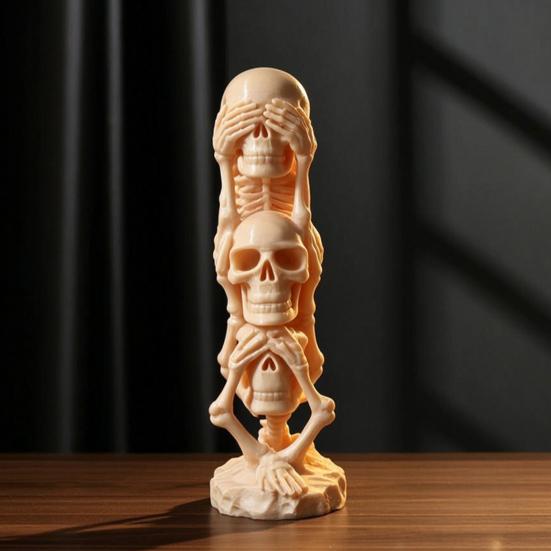 Small Desk Ornament for Men Triple Stacked Skulls Figurine, Spooky See Hear Speak No Evil Skeleton Head Skull Figurine Decor Statue, 3D Printed Gothic