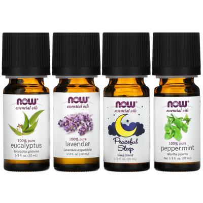 NOW Foods, Solutions, Let Treat Be Peace & Quiet, Kit de uleiuri esențiale pentru relaxare, 4 recipiente, 1/3 fl oz (10 ml) Fiecare