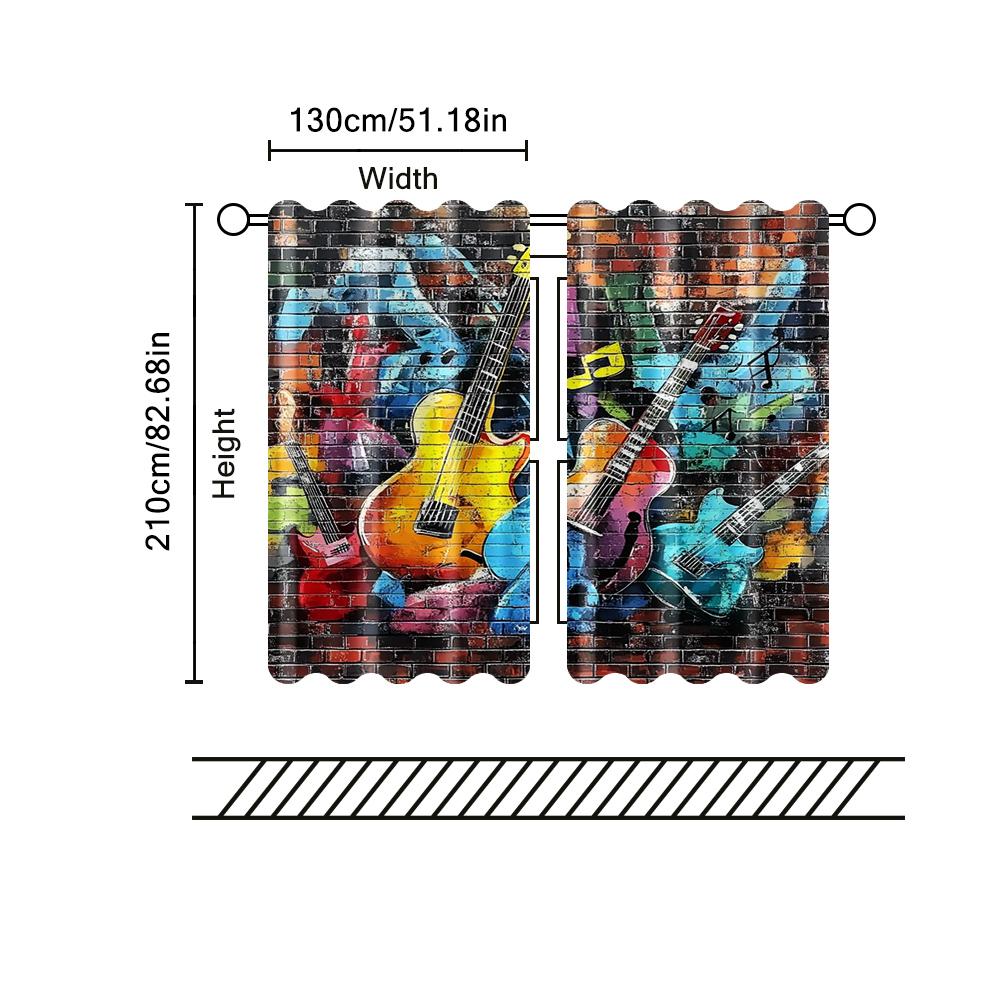 Set Of 2 Filtering Curtains Excluding Rods Non Movable Without Batteries Graffiti Brick Wall Music Theme Use Curtain Polyester