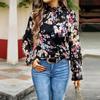 Autumn Women Blouse Floral Half High Neck Sleeve Lantern Tops Temperament Commuter Fashion