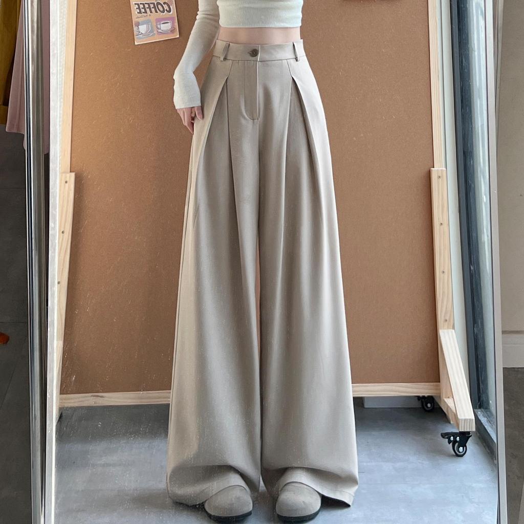 Women's Khaki High-Quality Straight-Leg Drape Suit Pants - Spring 2026 Style