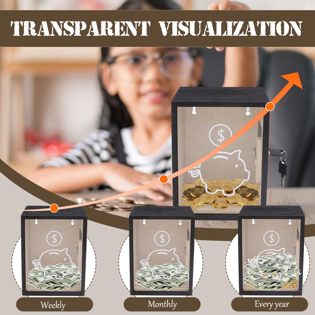 1Pc Clear Piggy Bank Wooden Money Boxes with Lock Large Money Saving Jar Cash Coin Storage Box Money Bank Box for Kid and Adults