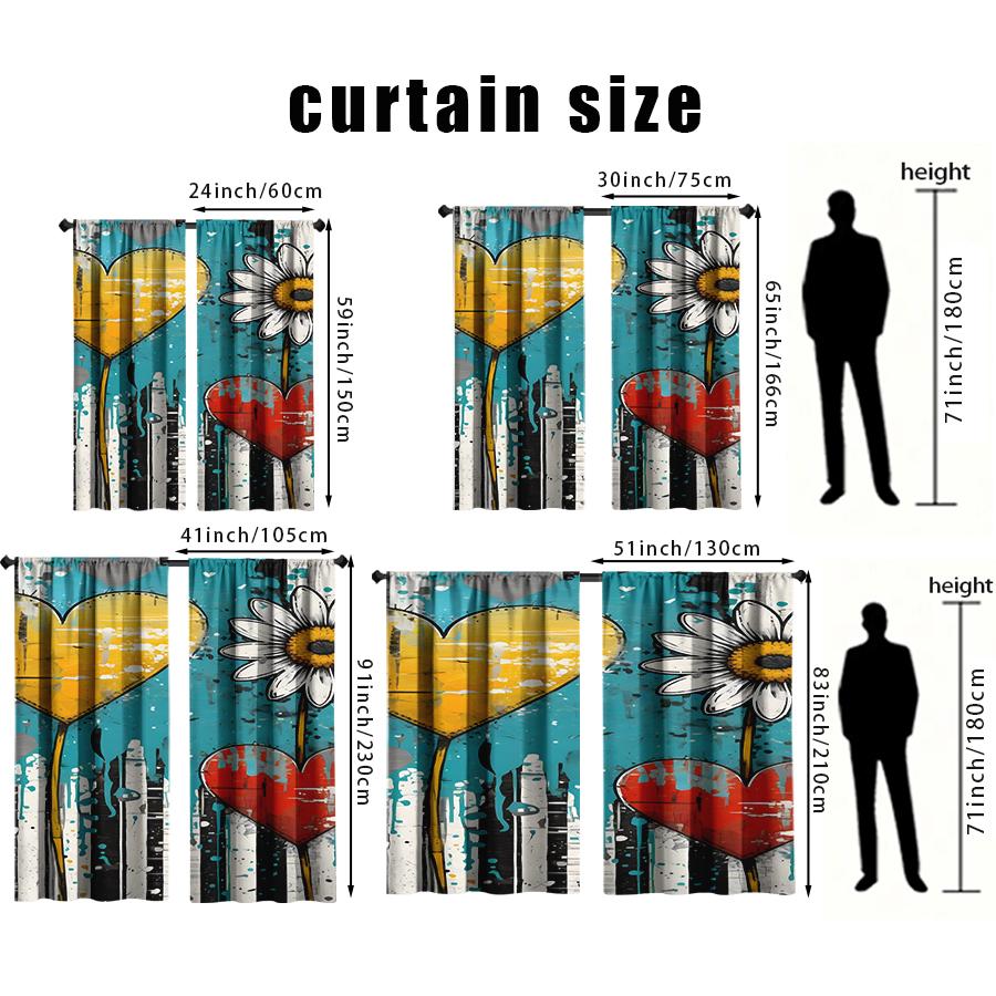 2PCS Blues Graffiti Heart Daisy Curtains   Cool City Art Style   Valentine's Day   Bedroom Living Room   Pull up Pocket Style