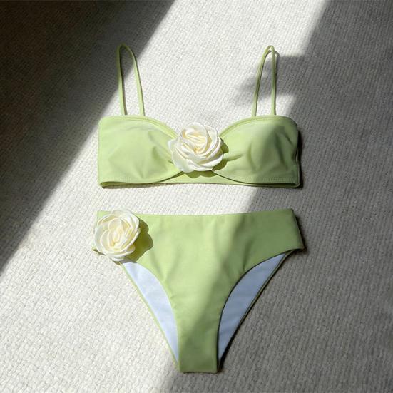 2Pcs/Set Women Bikini Set 3D Flower Decor Adjustable Straps Tube Top Bikini Bra High Waist Swimming Trunks Set Beach Swimwear