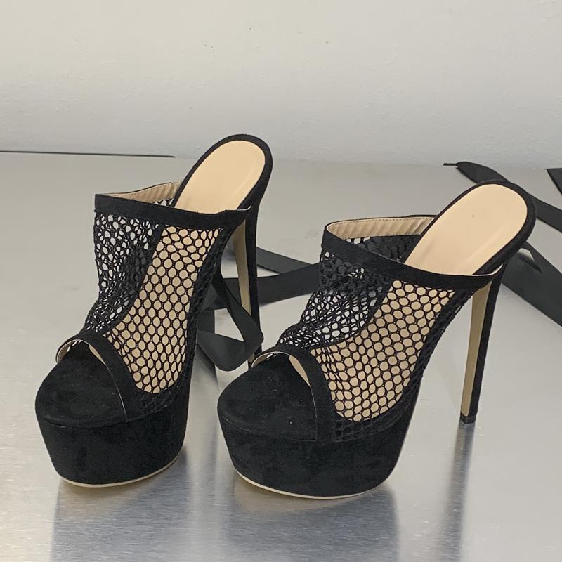 Eilyken Fashion Summer Mesh Detachable Strap Sandals Slippers Women's Banquet Nightclub Platform Thin High Heels Slide Shoes