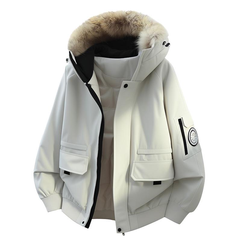 Men's Unisex Windproof Winter Workwear Down Jacket with Warm Hood & Large Fur Collar