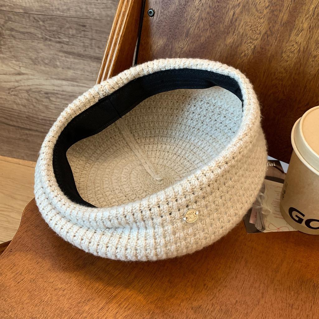 Blue Knitted Hollow Beret Women's Korean Edition Versatile Face Show Small Bud Hat Head Circumstance Painter