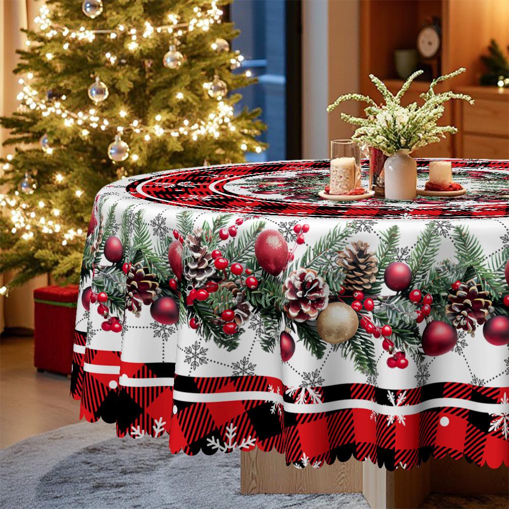 Christmas Red And Black Plaid Tablecloth, Snowflake Berry Pine Cone Print, Restaurant Coffee Table Party Decorative Cloth