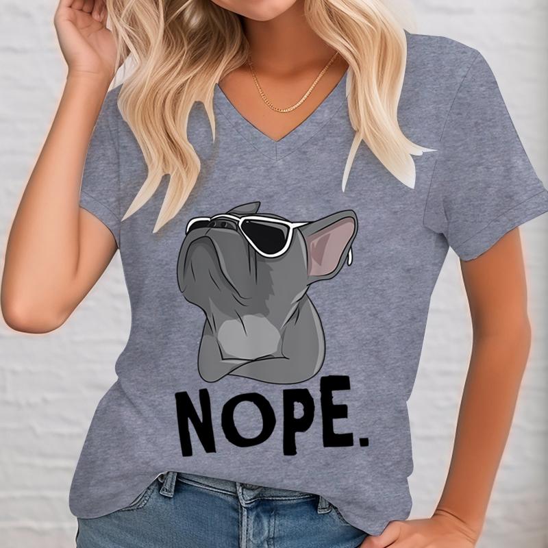 Summer V-neck 3D Printed Bulldog Graphic Top Fashionable Casual Short Sleeved Women's T-shirts