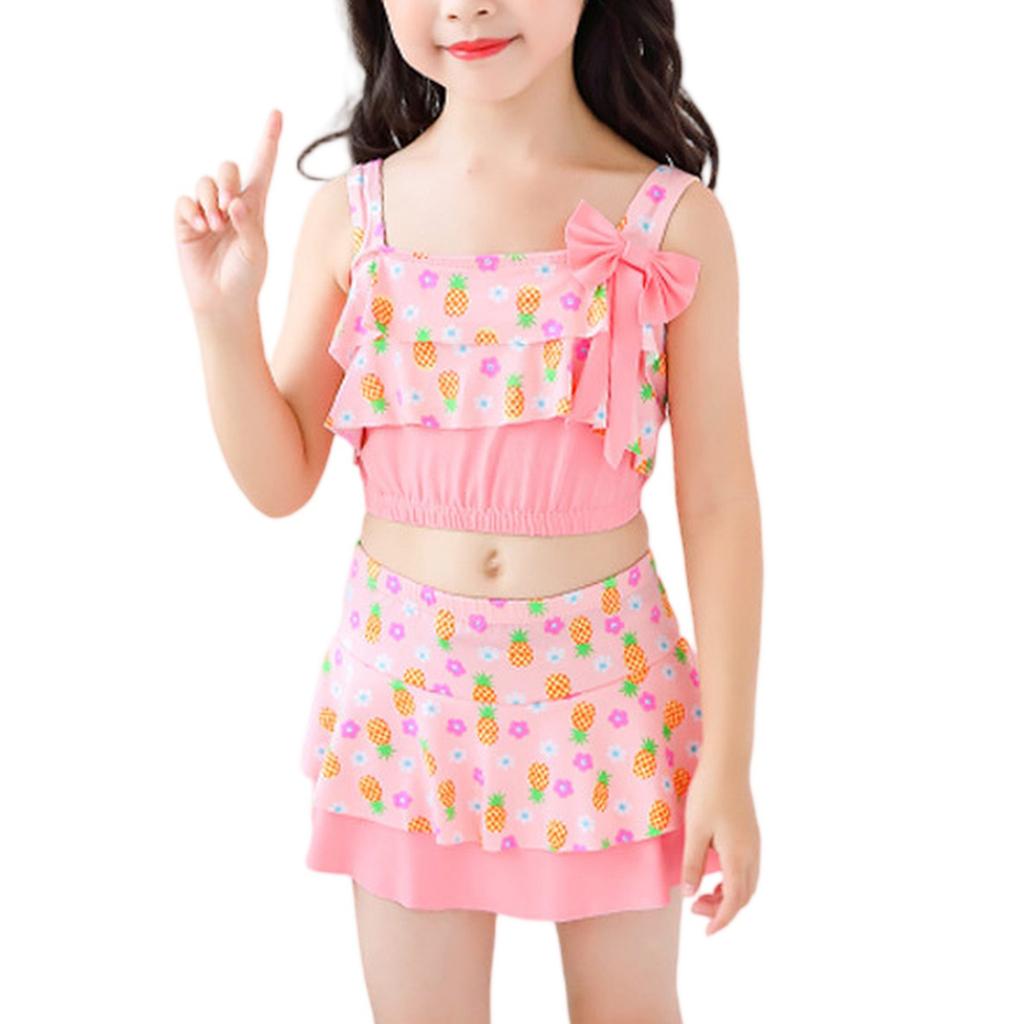 Girls Two Piece Swimsuit Set Tankini Top with Bow Detail Skirted Bottom and Matching Swim Cap for Summer Beach Pool Swimwear