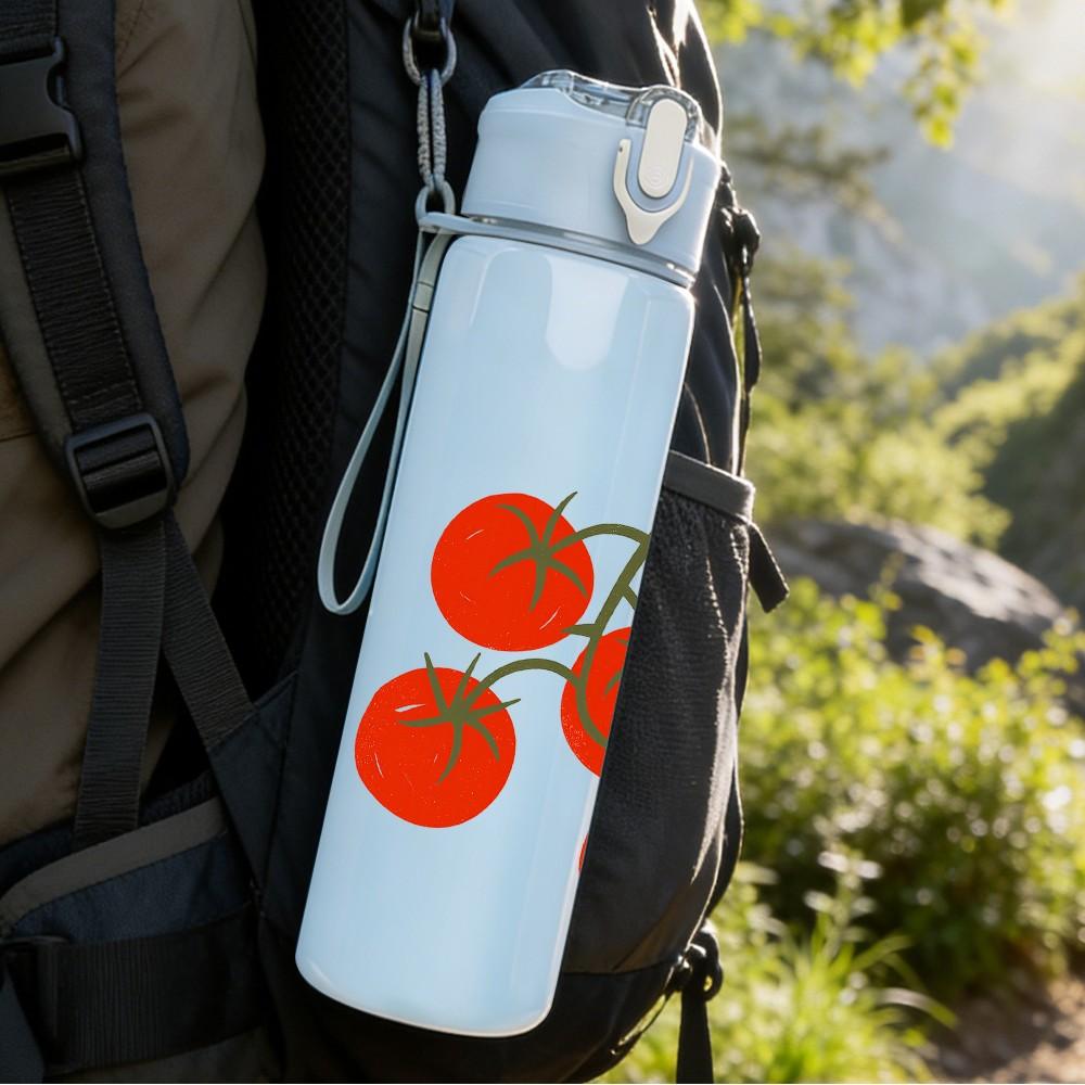 1PC Cluster Red Tomato Fruit Print 750ml Color Plastic Sports Water Bottle Leakproof Flip Straw Lid For Sports Office Home Use