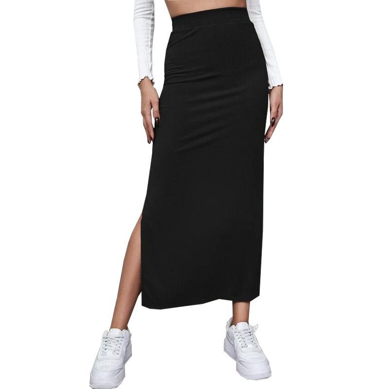 Dames Zwarte Ribbel Gebreide Maxi Rok Hoge Taille Zijsplit Bodycon Potloodrok