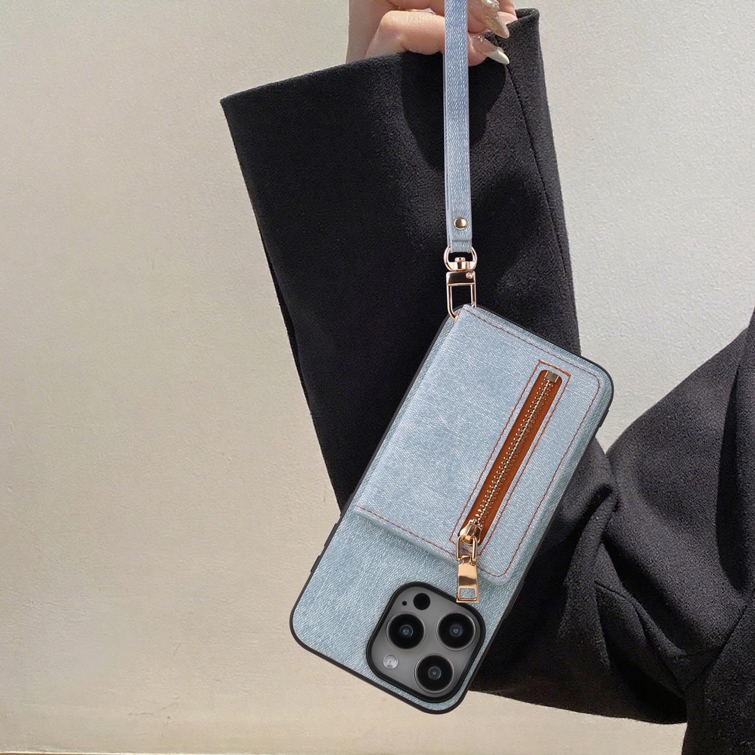 

iPhone 17 Case with Denim Texture and Zipper Card Holder for Apple 16 Pro Max/15/14 iPhone 13 Pro светло-синий