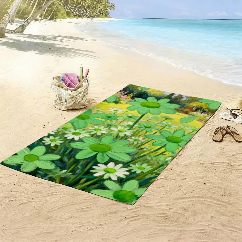 Pastoral Daisy Beach Towel, Vibrant Green Daisy & White Daisy Pattern Bath Towel, Nature Inspired Summer Beach Blanket