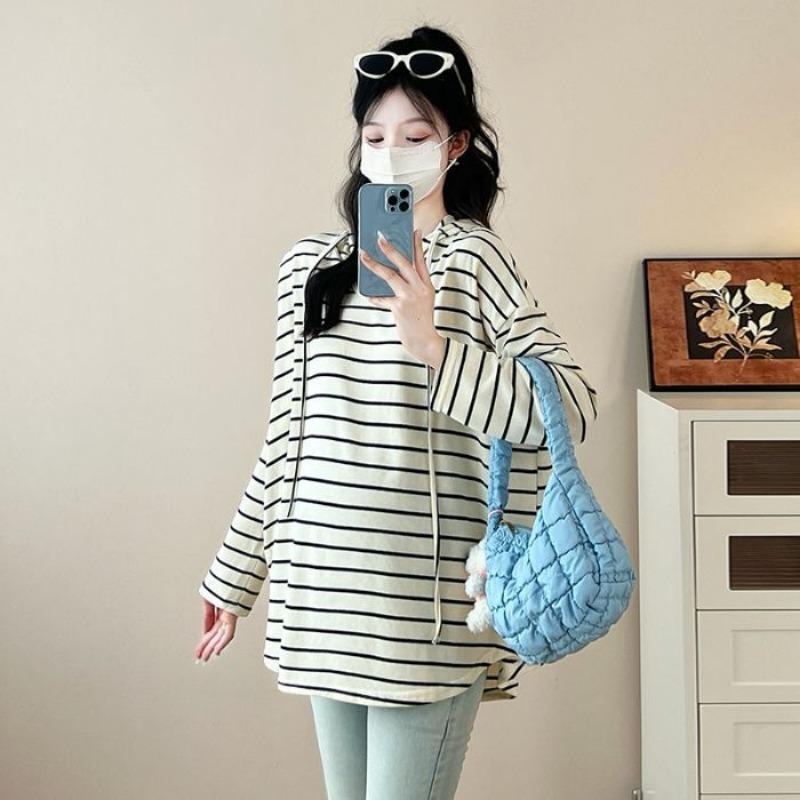 

Большой размер женская полосатая толстовка с капюшоном с длинным рукавом для беременных весна и осень 0 кг свободная и тонкая повседневная тонкая толстая мм топ прилив 3XL белый