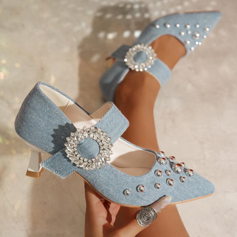 Fashion Vintage Denim Pointed Toe High Heels Pumps Women 2025 Silver Glitter Buckle Sandals Women Rivet Decoration Dress Party Shoes