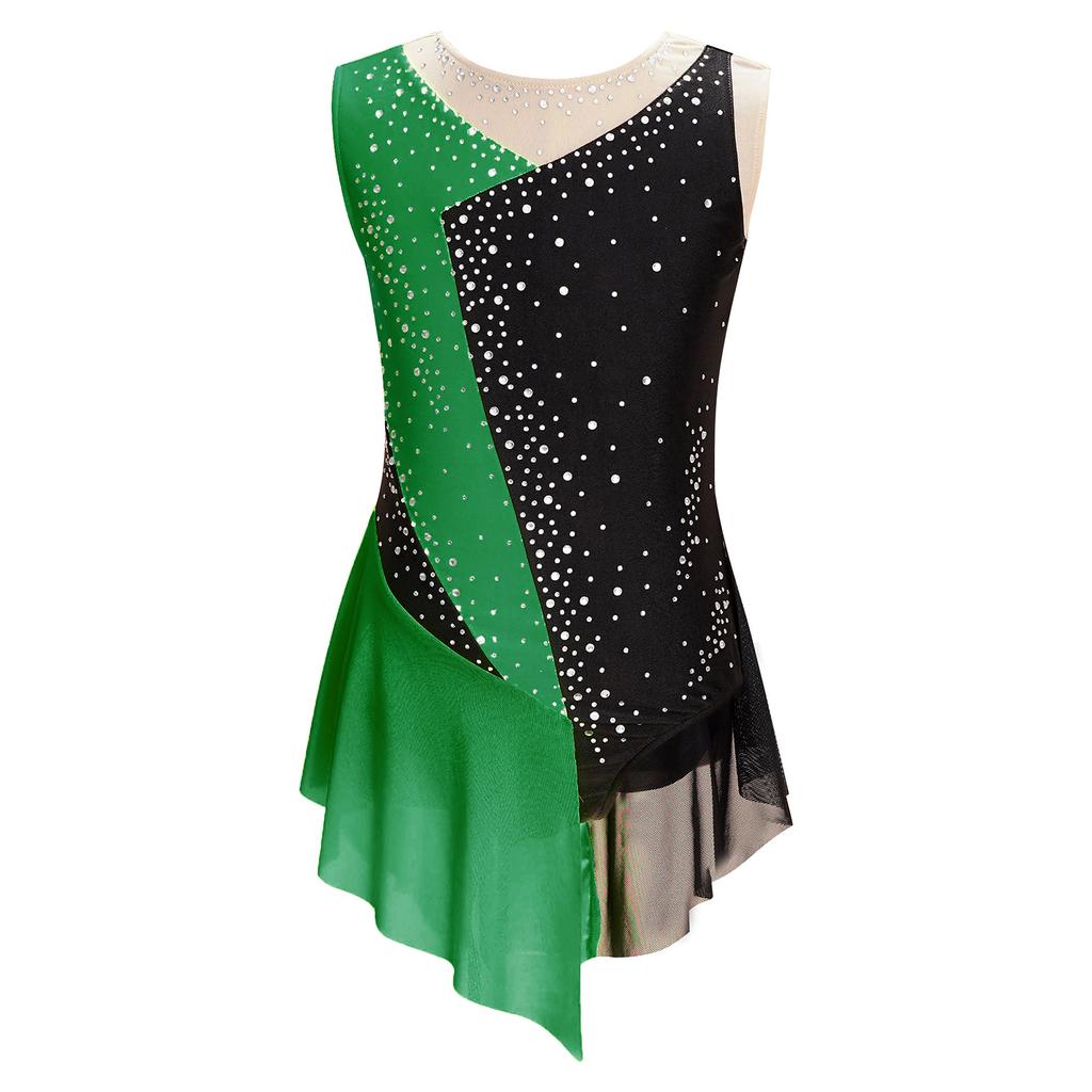 Girls Modern Lyrical Dance Dress High-Low Tulle Split Rhinestone Ballet Gymnastics Leotards Figure Skating Performance Costume