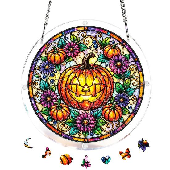 Halloween Acrylic Puzzle Decor, 2D Ghost Pumpkin Skeleton Hanging Sign, Faux Stained Glass Spooky Puzzle for Party Home Decor, Stress Relief Toy