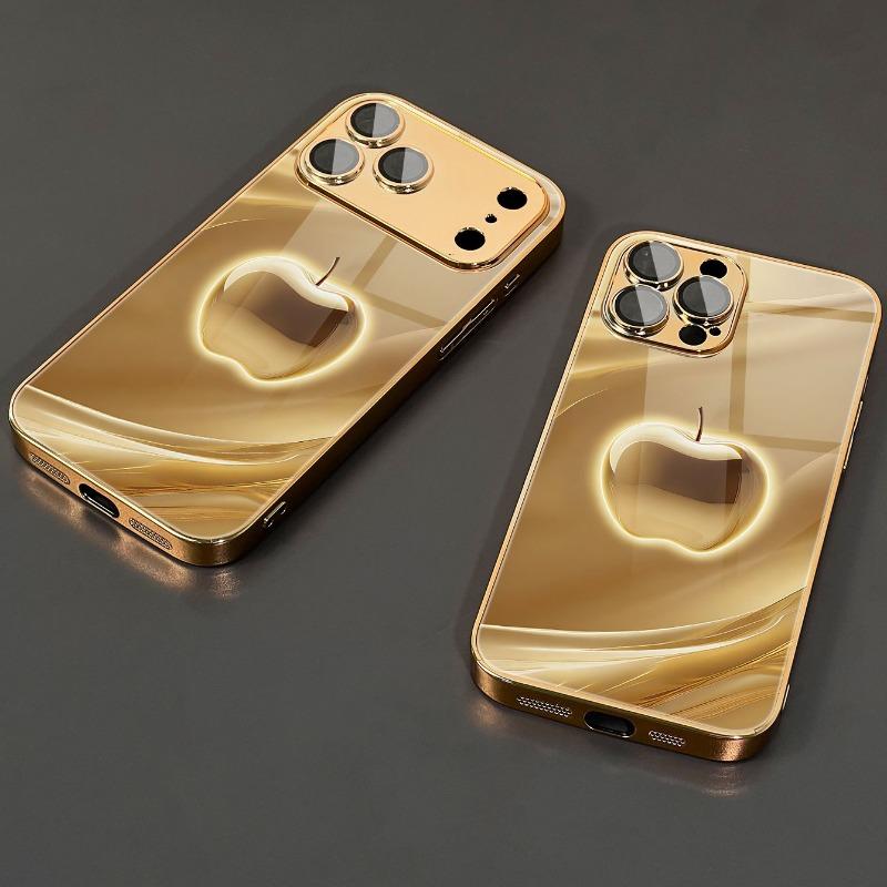Стеклянный чехол для телефона с золотым 3D-рисунком яблока, подходит для iPhone 17 16 15 14 13 12 11 Pro/Max/Plus, противоударный и защищающий от падений iPhone 15 PLUS