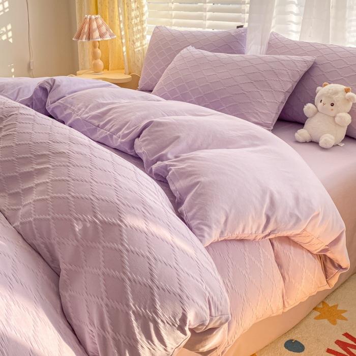 Washed Cotton Four-piece Set, Simple Bed Sheet Quilt Cover, Dormitory Pure Cotton Solid Color Three-piece Set