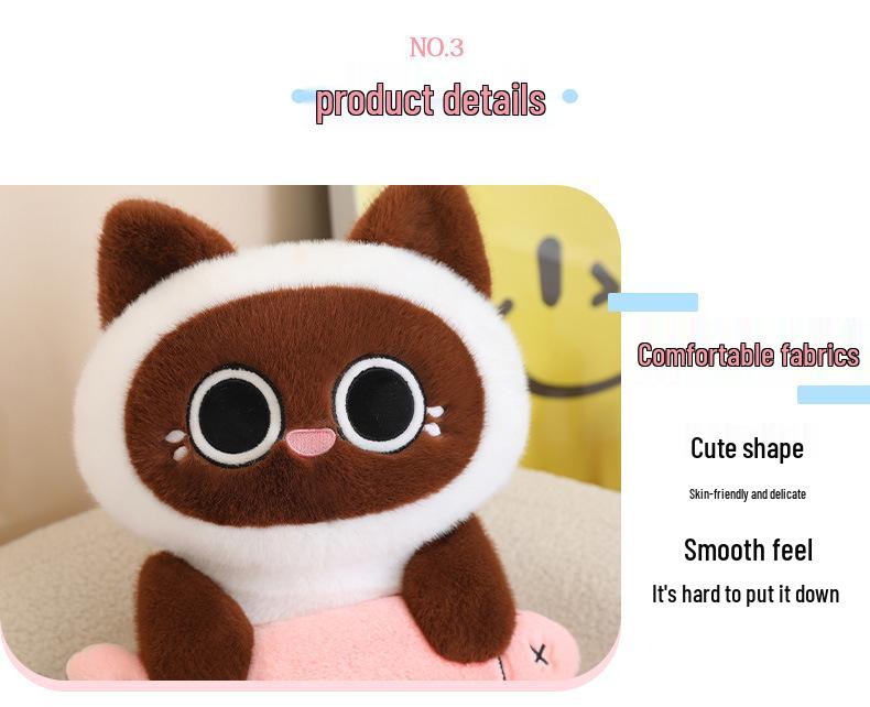 Siamese Cat Plush Fish-Catching Doll Pillow – Perfect Birthday Gift for Kids and Cat Lovers.