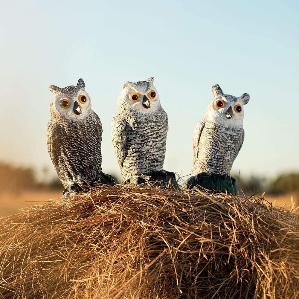 Fake Owl Decoy Plastic Owl Scarecrow Sculpture with Rotating Head and Sound for Garden Yard Bird Repellent Outdoor