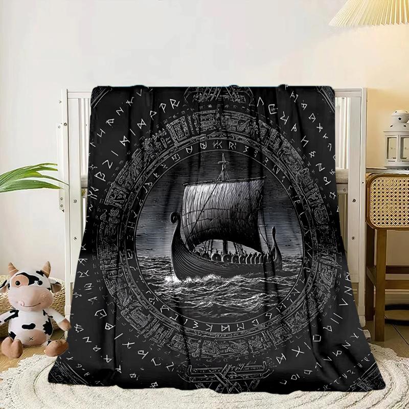 Viking Ship At Sea Blanket Flannel Blanket for Bed, Sofa, Camping, Hiking, Picnic Essentials, Gift for Family Fan Gifts