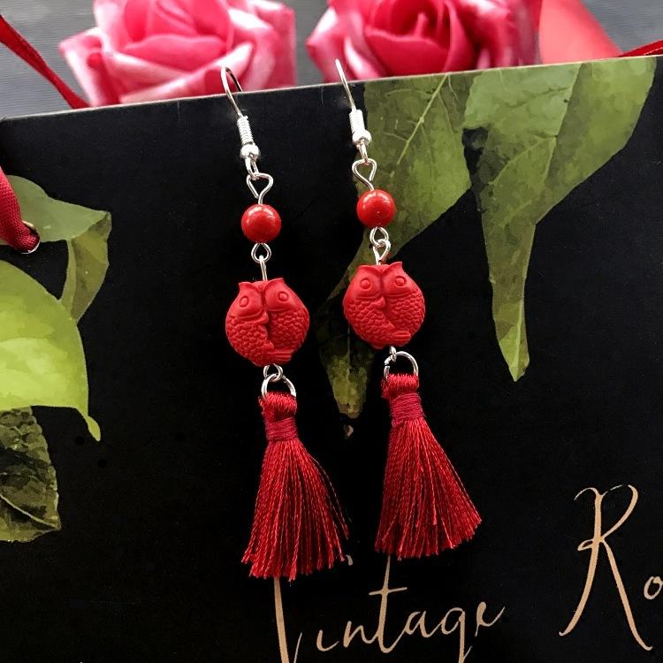 Klassische Mode rote Zinnober Quastenohrringe Retro romantische Rosenblüten Ohrringe Weiblichkeit vielseitige Brautohrringe