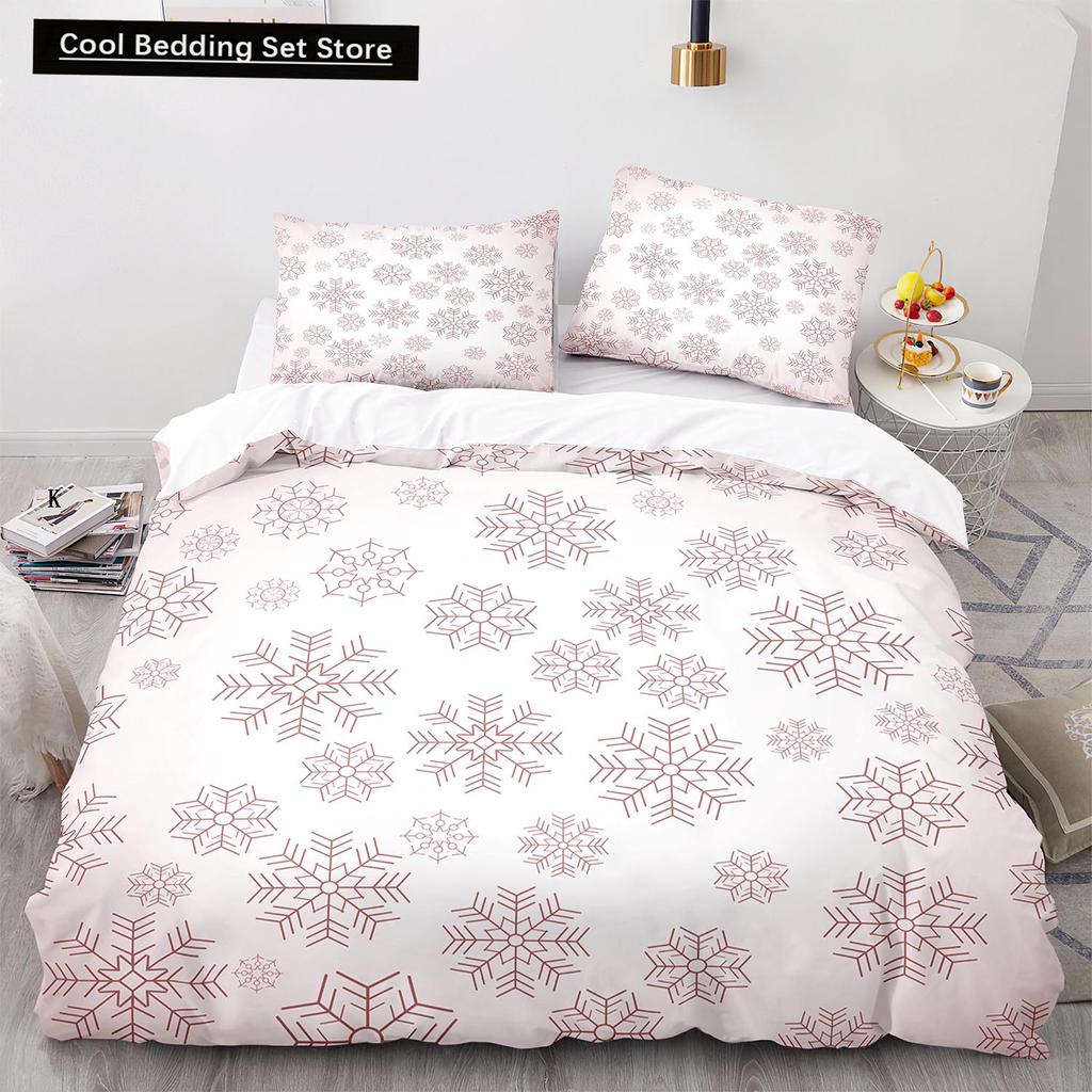 3D Snowflake King Queen Duvet Cover Romantic Purple Snow Landscape Bedding Set for Kids Teens Adults Christmas Soft Quilt Cover