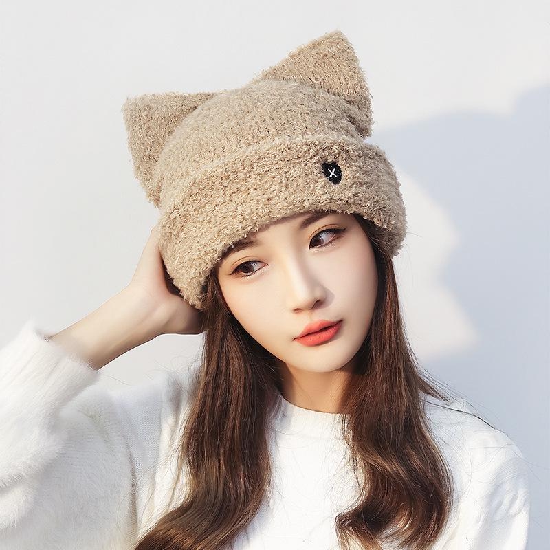 Sweet Cat Ear Knitted Hat: Autumn/Winter Warm, Cute Japanese Style with Heart Embroidery for Women
