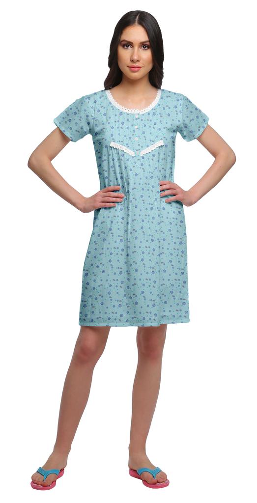 Moomaya Cotton Lace Neckline Sleepwear For Women Button Placket Nightdress