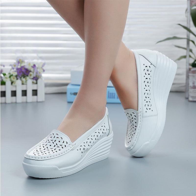 Fashion Women Wedge Platform Shoes 2025 Summer Fashion Comfortable Leather Casual Slip-on Women's Loafers Hollow Out Breathable Shoes