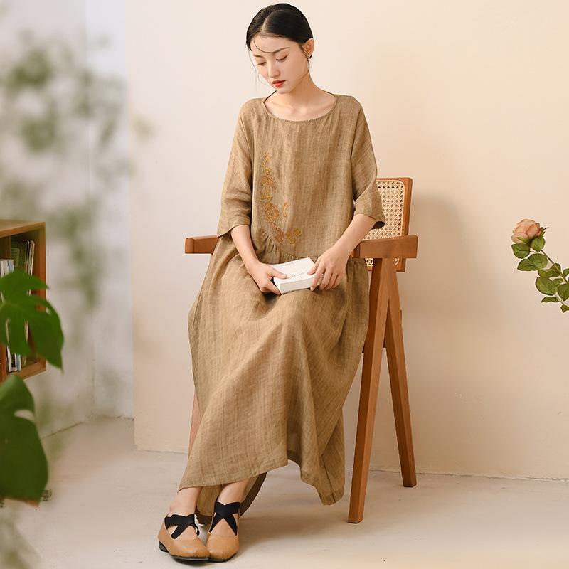 

Johnature женское платье с цветочной вышивкой и круглым вырезом с коротким рукавом однотонная одежда летние винтажные женские платья Ramie S света кофе