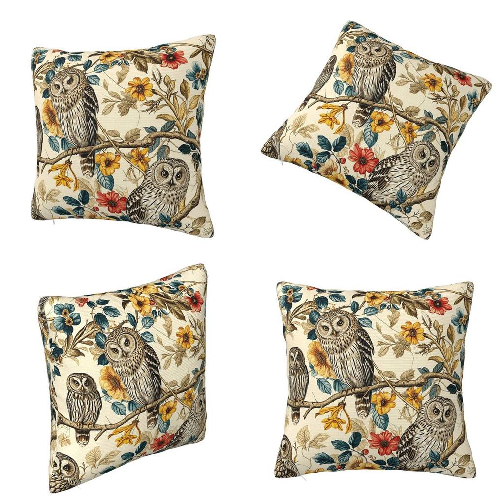 Retro Floral Owl Bird Square Pillowcase Cushion Cover Pillow Case Throw Pillow Cover for Home Bedroom Car