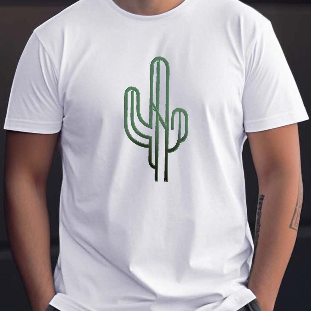 Cactus Outline Graphic Mens Cotton TShirt Short Sleeve Round Neck Casual Breathable Tee